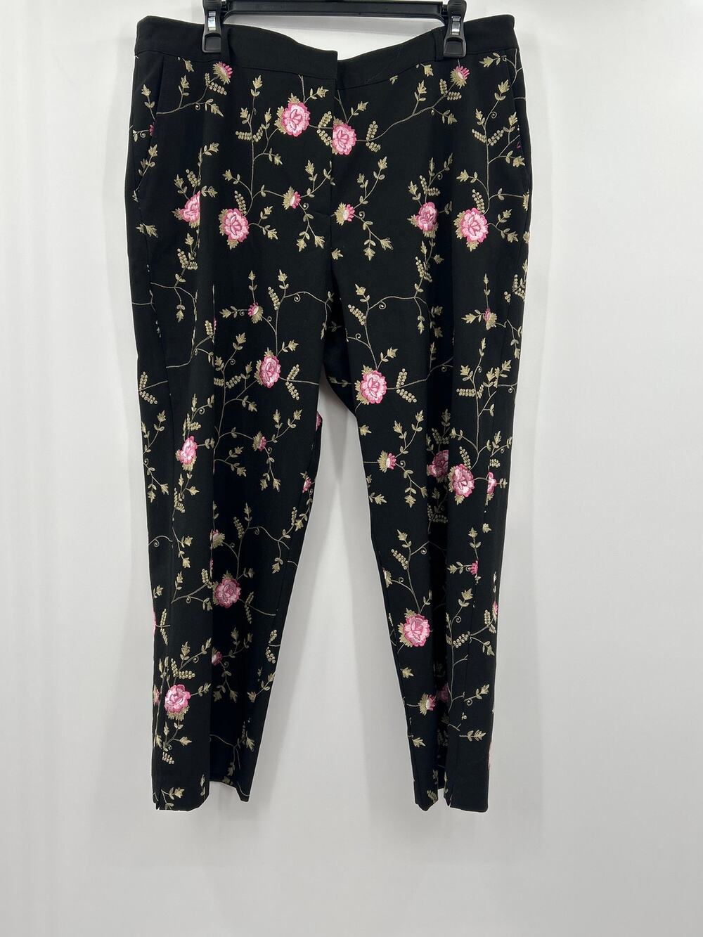 Karen Kane Floral Ankle Pants Women’s Size 16 Black Pink Stretch Career Work